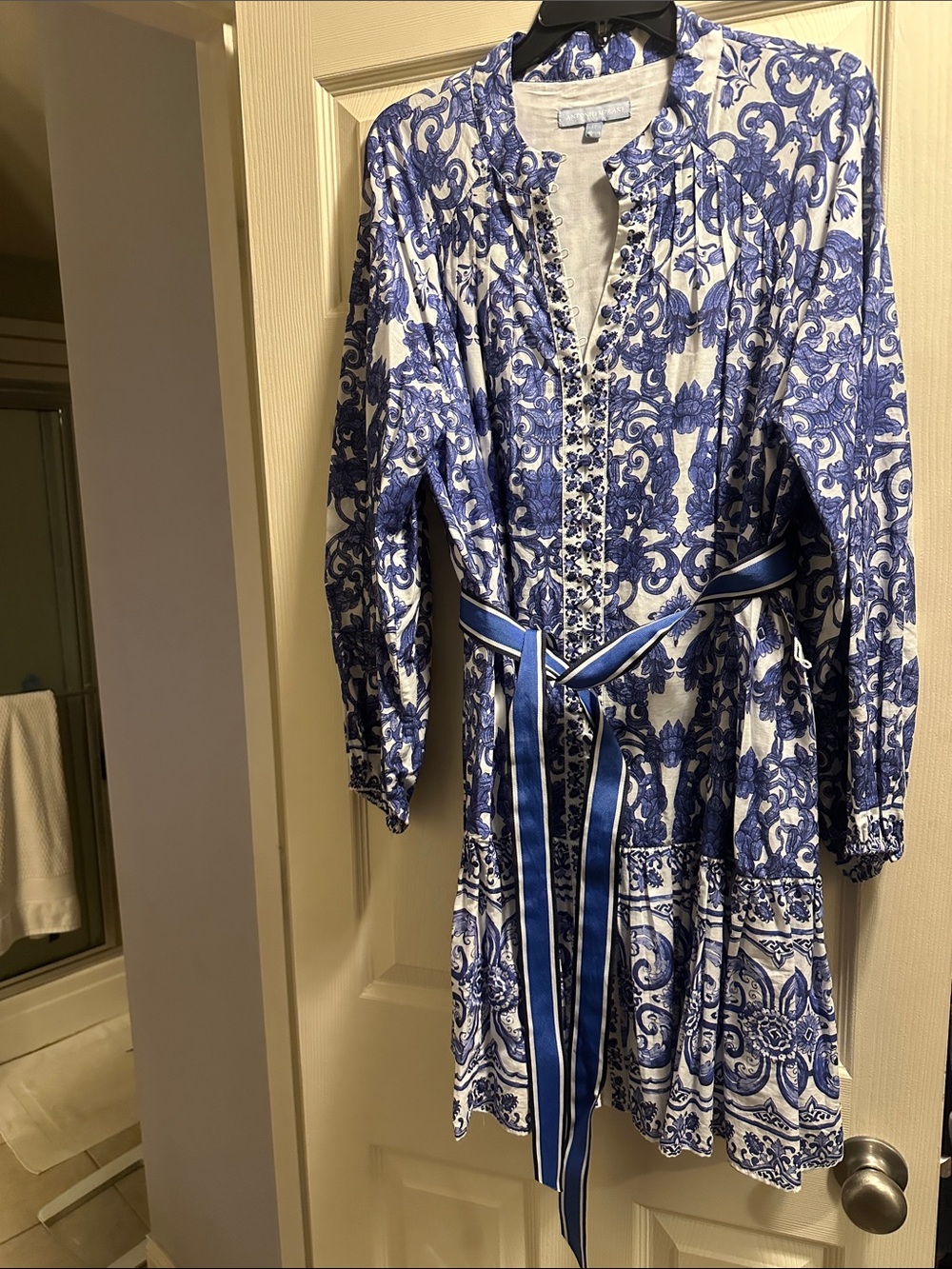ANTONIO MELANI Blue and White Printed Mini Dress with Self-Tie Belt